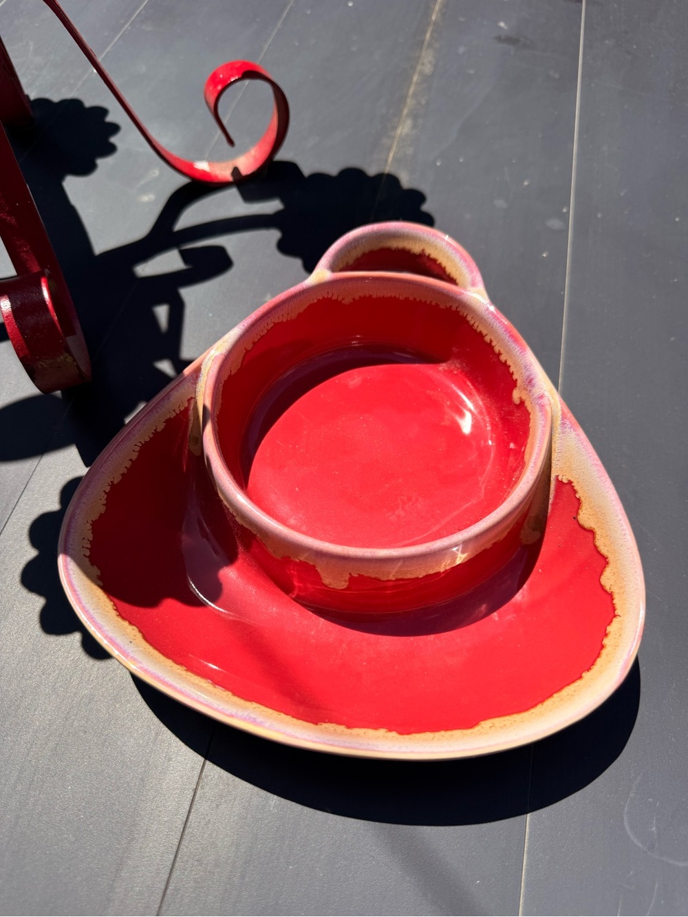 Vibrant Red Ceramic Dip Bowl with Triangular Tray